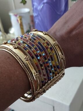 Vintage Gold Multicolor Beaded Cuff Bracelet - Women Jewelry